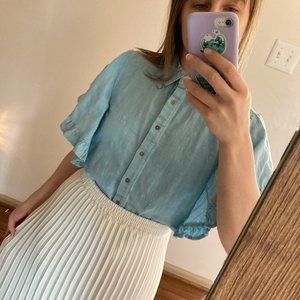 Boxy Blue Linen Flutter Sleeve Ruffle Blouse